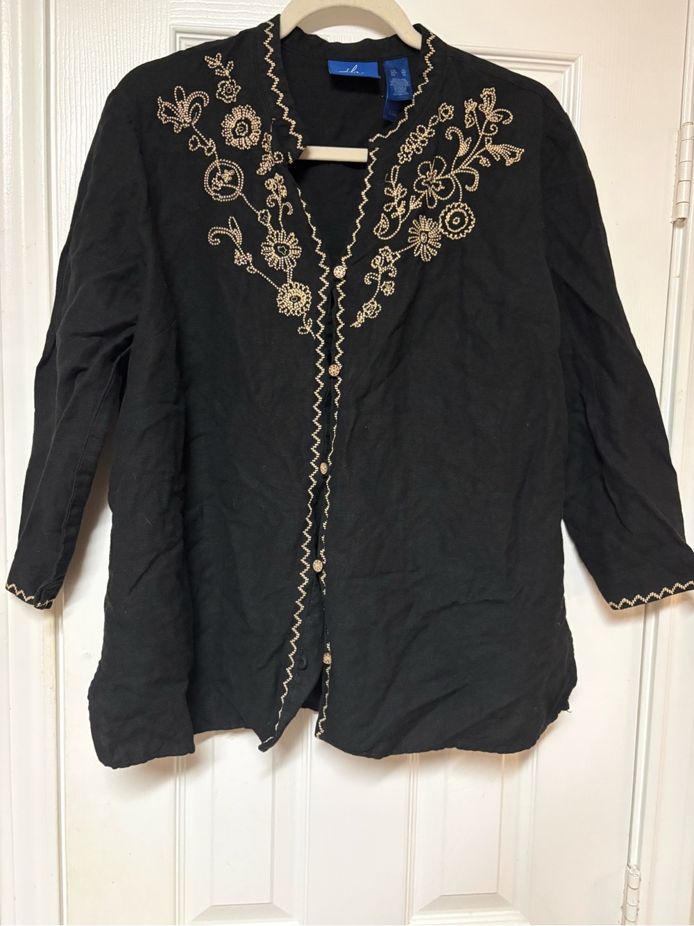 JH Collectibles Black Linen Embroidered Button Down Blouse Top XL